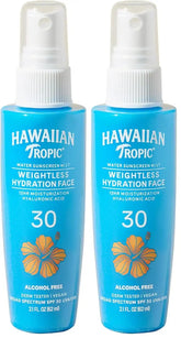 Hawaiian Tropic Weightless Hydration Water Mist for Face SPF 30, 2.1Fl Oz, Travel Size SPF Face Hydrating Spray, Non-Comedogenic Sunscreen Facial Mist, Non-Aerosol Sunscreen Spray, 2.1Fl Oz(Pack of 2)