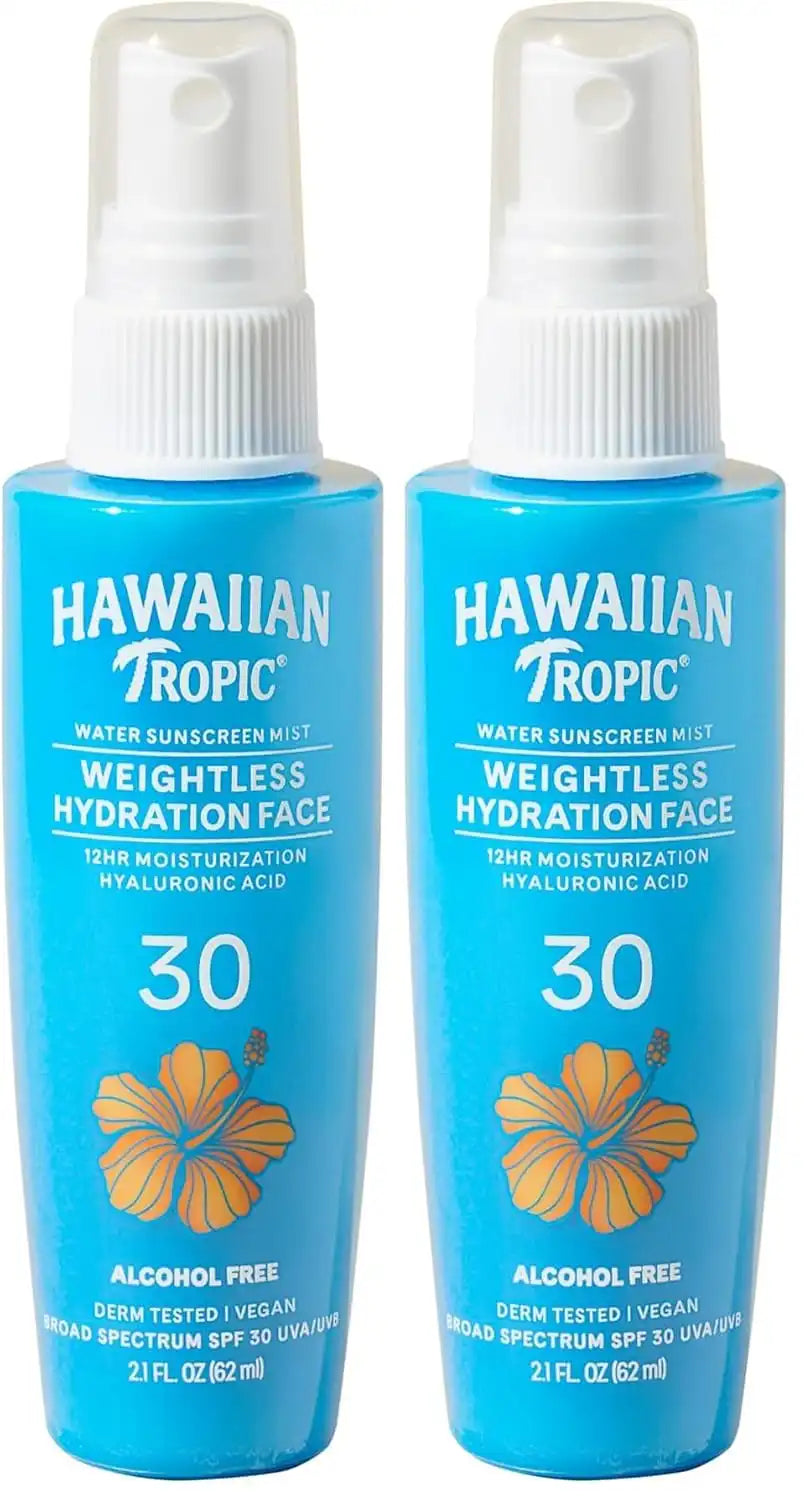 Hawaiian Tropic Weightless Hydration Water Mist for Face SPF 30, 2.1Fl Oz, Travel Size SPF Face Hydrating Spray, Non-Comedogenic Sunscreen Facial Mist, Non-Aerosol Sunscreen Spray, 2.1Fl Oz(Pack of 2)