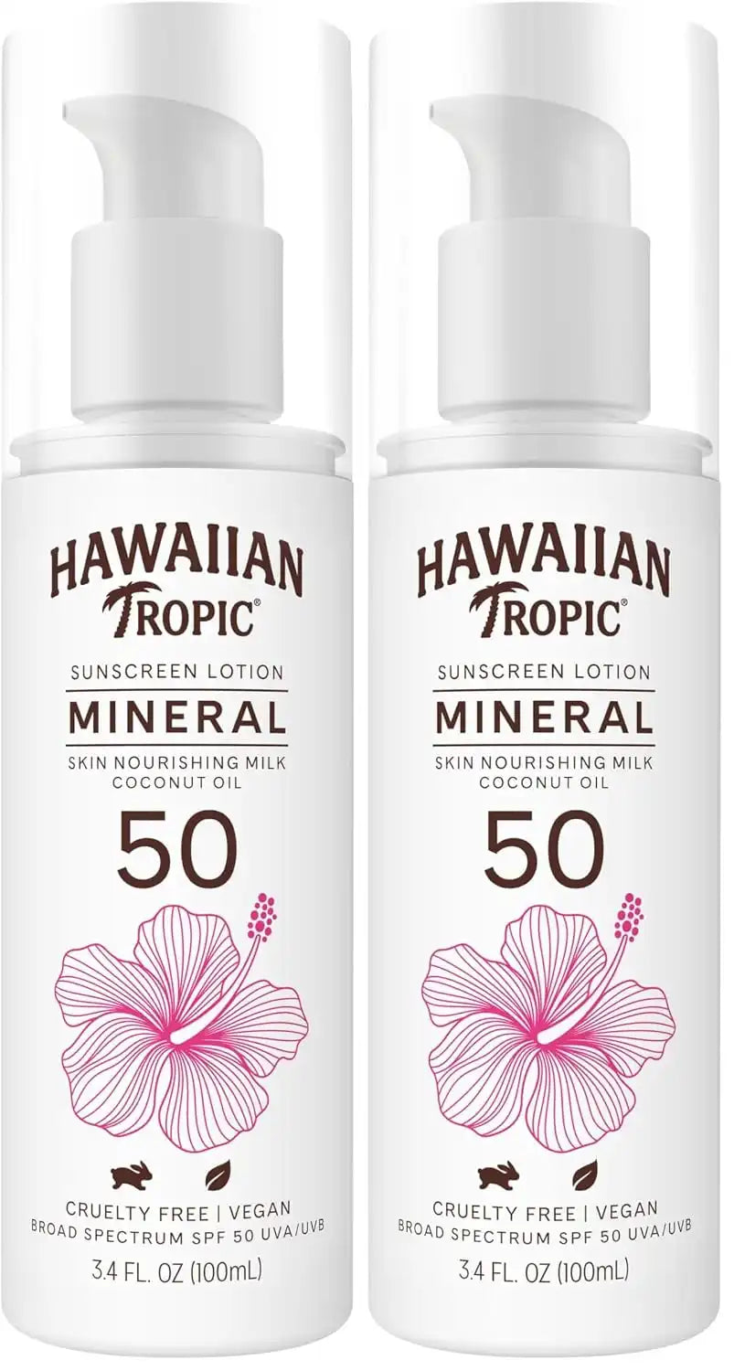 Hawaiian Tropic Skin Nourishing Milk Mineral Sunscreen Lotion SPF 50, 3.4oz | Travel Size Sunscreen Zinc Oxide, Sun Milk, Mineral Sunblock SPF 50, Oxybenzone-Free, 3.4oz (Pack of 2)