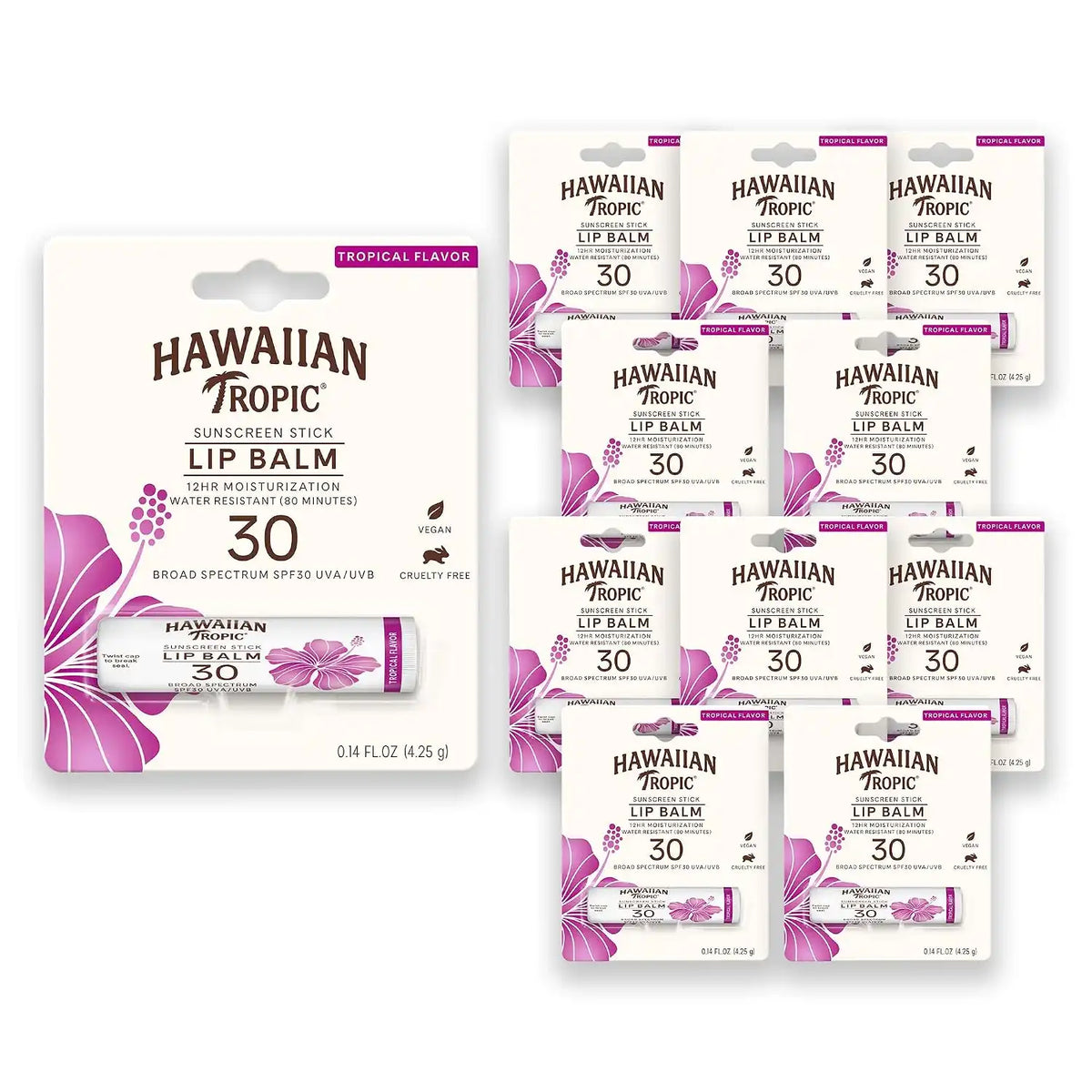 Hawaiian Tropic Tropical Sunscreen Lip Balm SPF 30, 0.14 Oz (Pack of 10)